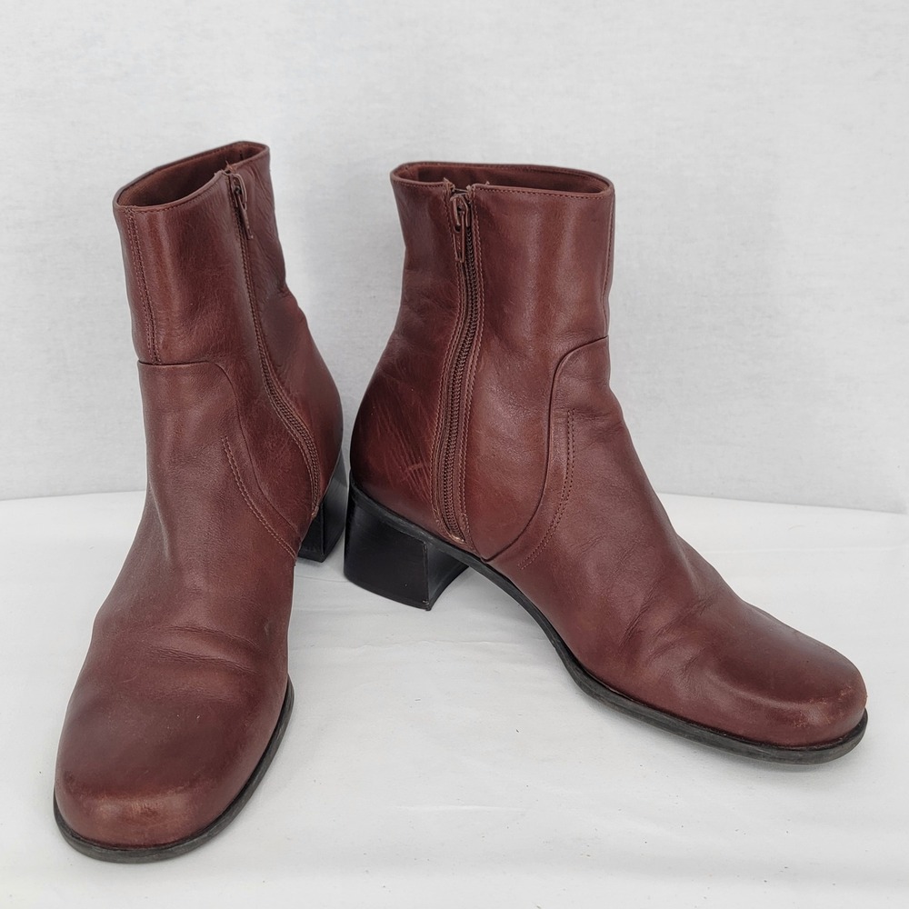 Naturalizer Mahogany Brown Leather Ankle Boots Square Toe Block Heel Size 10